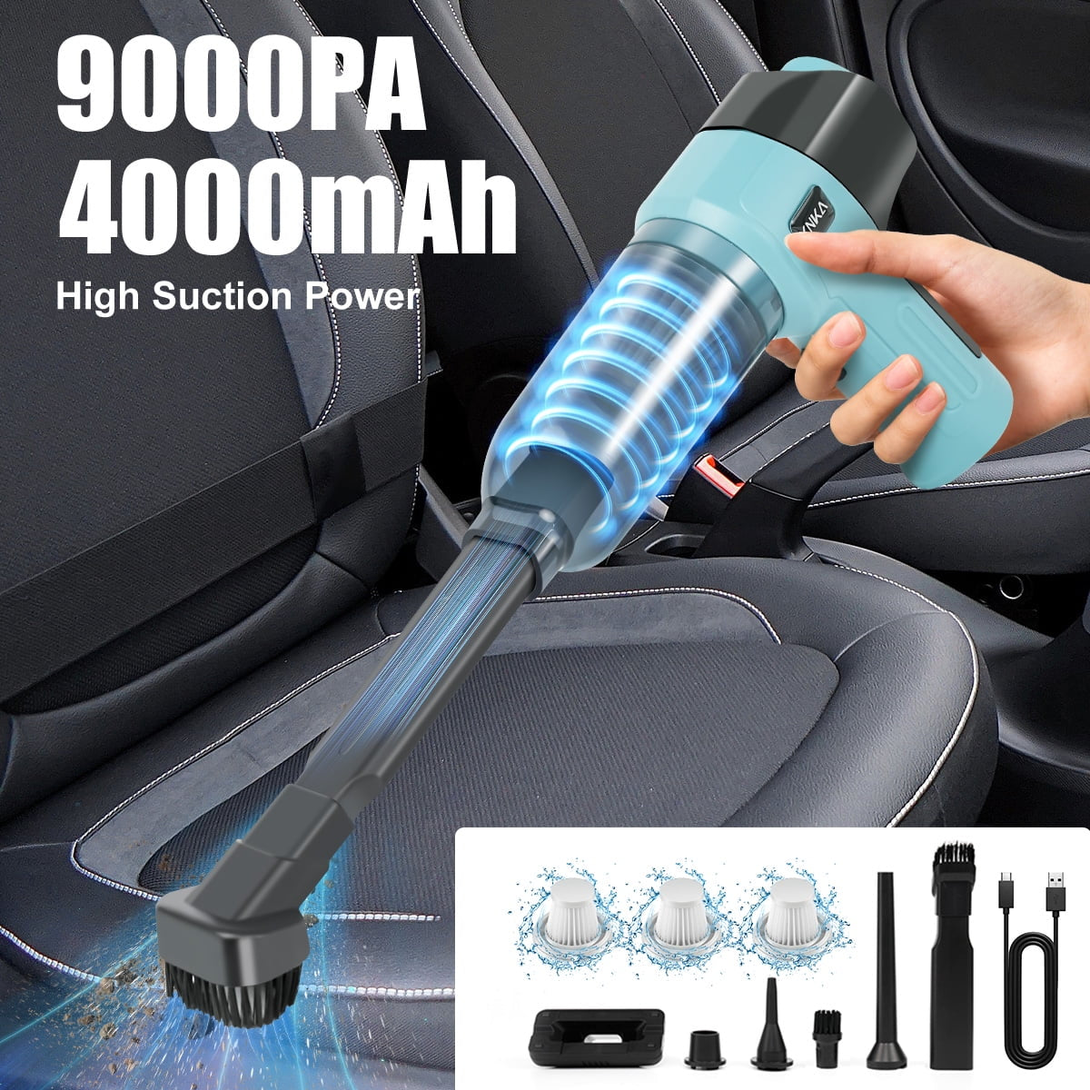 Car Vacuum Cleaner, Mini Car Vacuum Cleaner for Car, Home and Office, 9000Pa Powerful Suction with 3 Filters, Blue