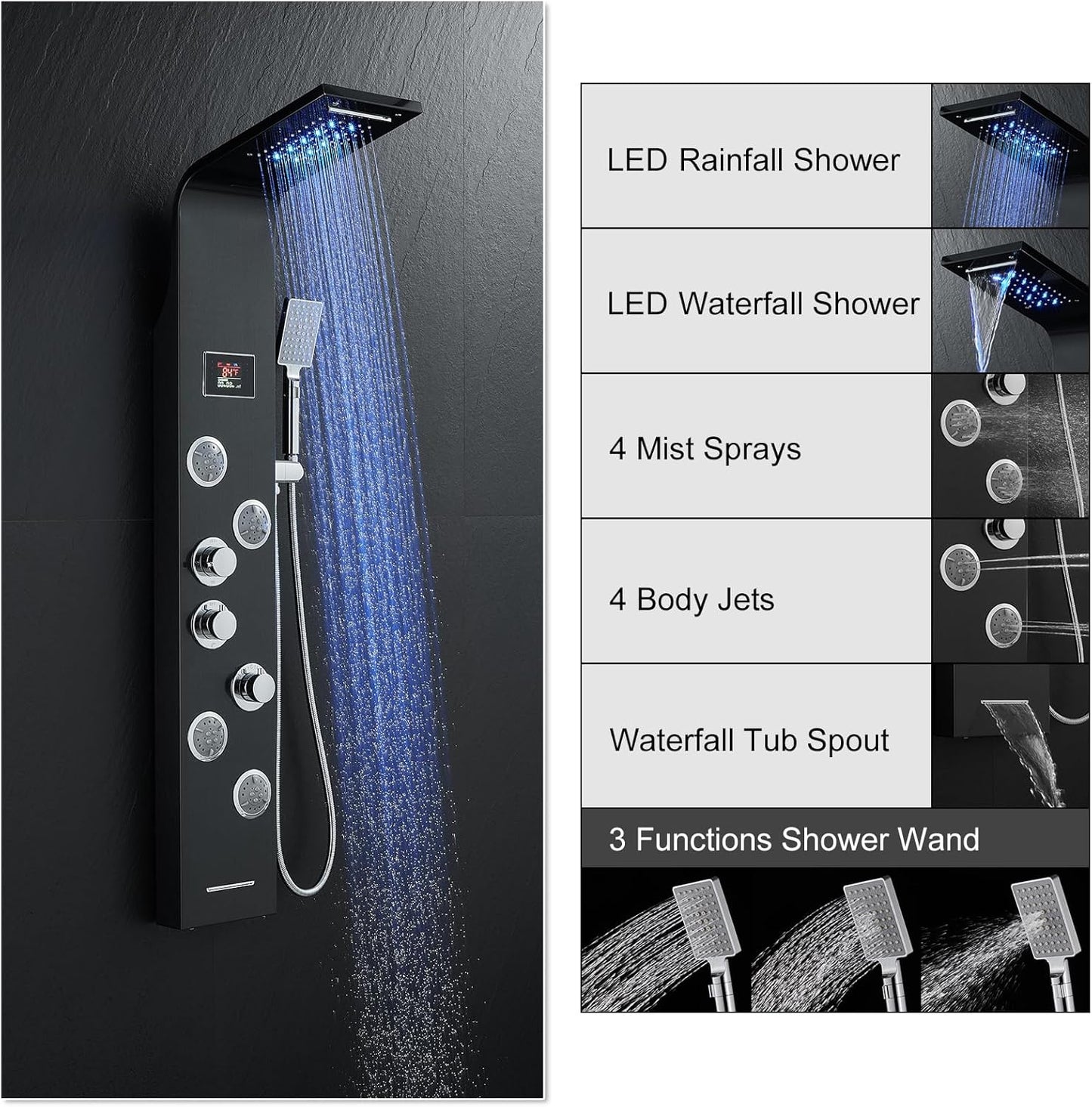 6-In-1 LED Rainfall Waterfall Shower Panel Tower System with 2-Mode Powerful Body Massage Jets, Multi-Function Stainless Steel Shower Column System with Handheld and Tub Spout, Black