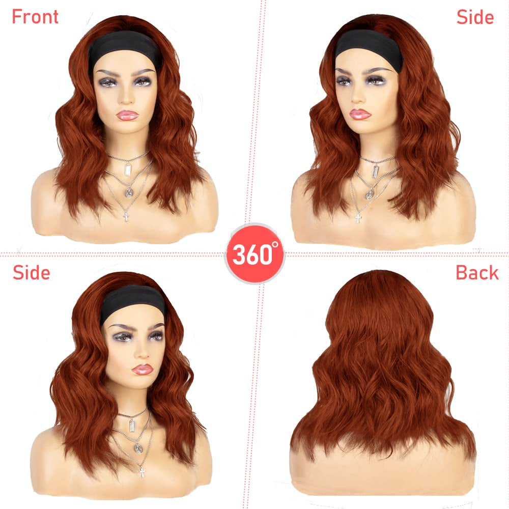 Auburn Headband Wigs for Black Women Short Auburn Wavy Natural Hairline Bob Shoulder Length Synthetic Curly Daily Glueness Wigs(14Inch 350#)