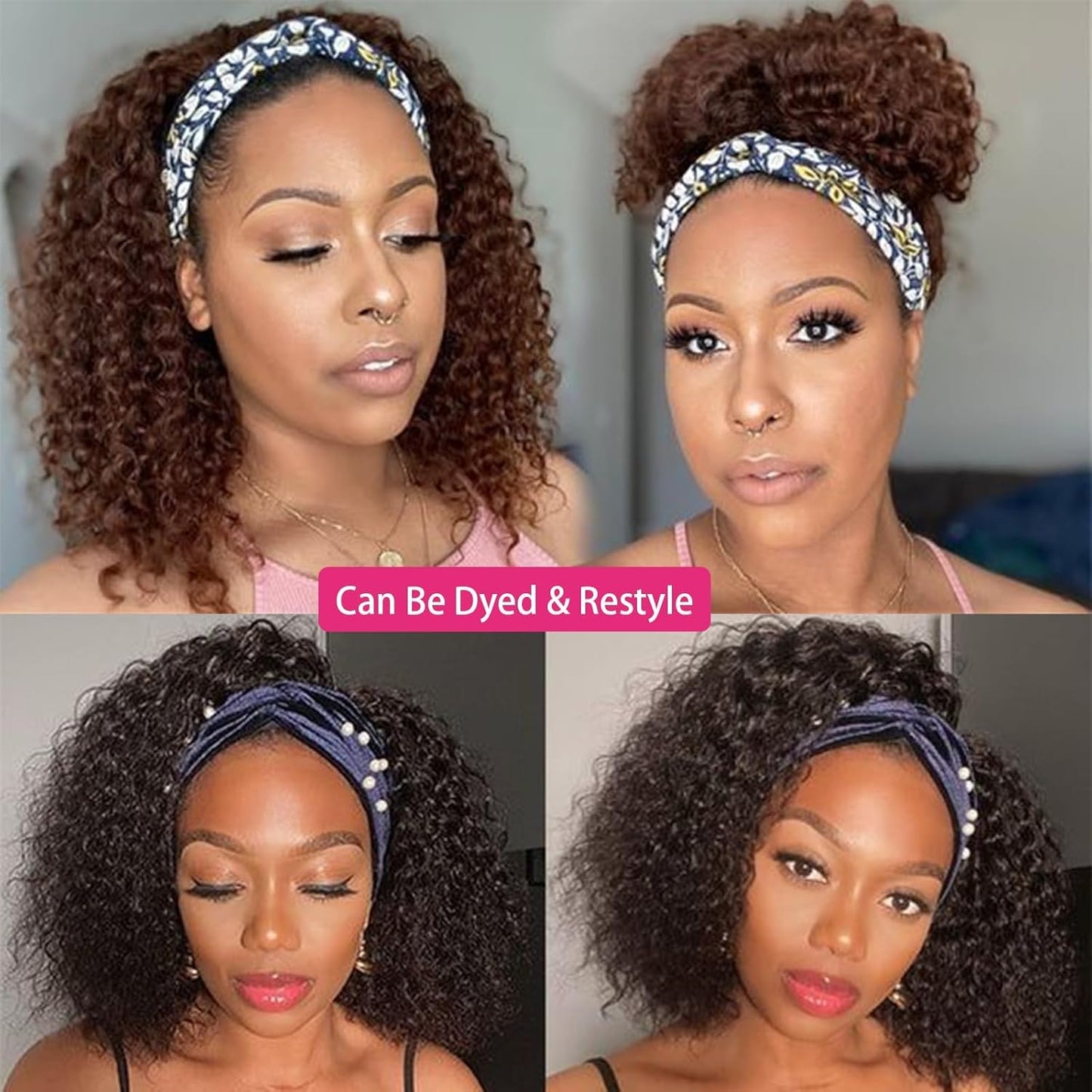 Headband Wig Human Hair 22 Inch 180% Density Kinkycurly Headband Wigs Glueless Curly Human Hair Wig for Women Natural Color