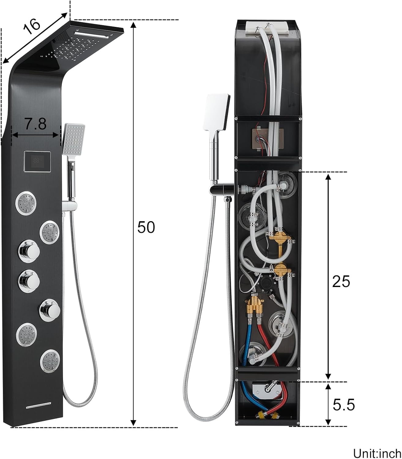 6-In-1 LED Rainfall Waterfall Shower Panel Tower System with 2-Mode Powerful Body Massage Jets, Multi-Function Stainless Steel Shower Column System with Handheld and Tub Spout, Black