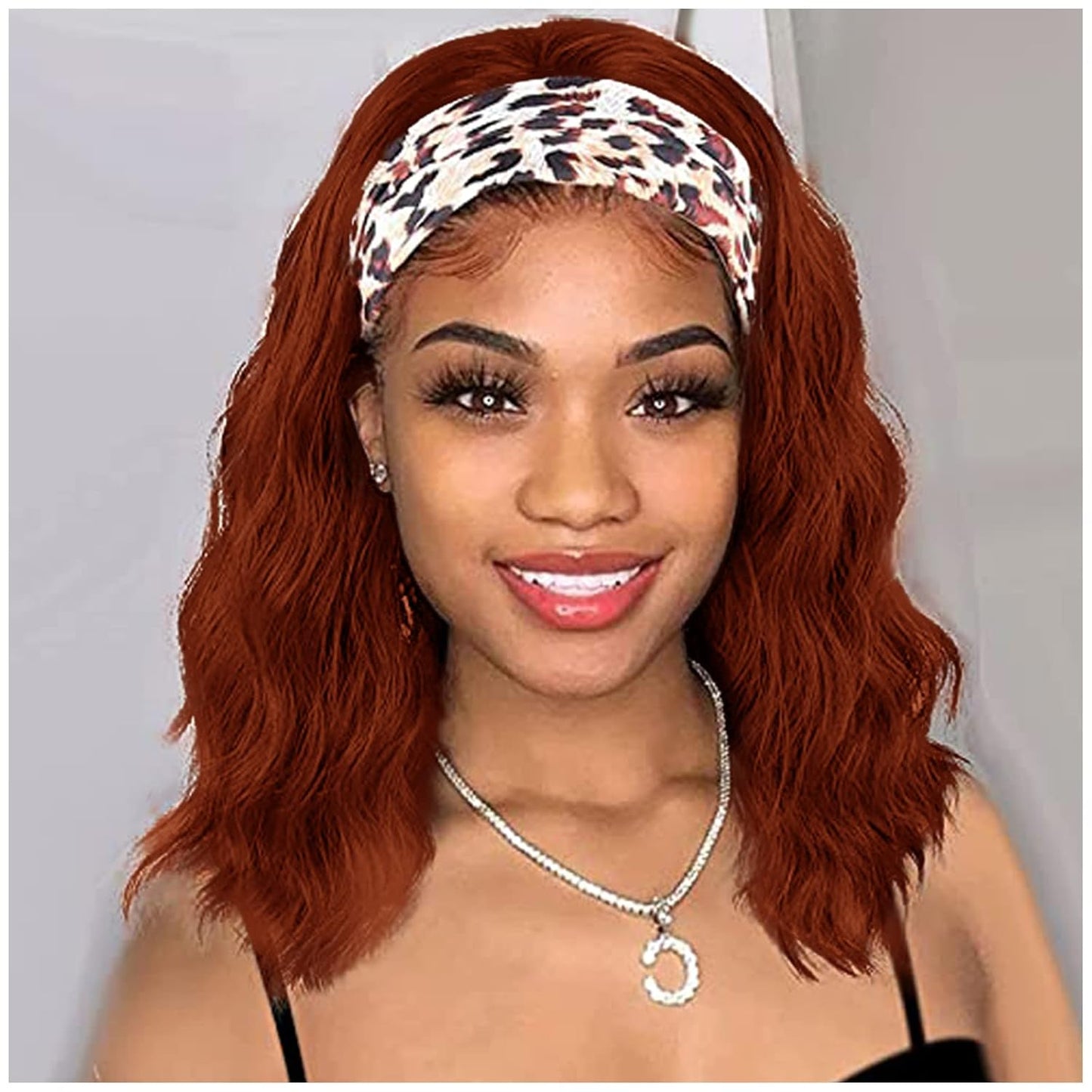 Auburn Headband Wigs for Black Women Short Auburn Wavy Natural Hairline Bob Shoulder Length Synthetic Curly Daily Glueness Wigs(14Inch 350#)