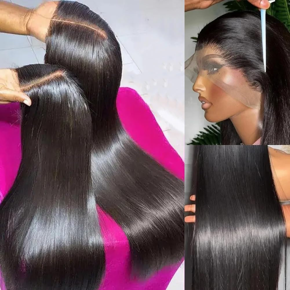 32 Inch Straight Lace Front Wigs Human Hair Pre Plucked HD Transparent 13X4 Lace Frontal Wigs Human Hair Wigs 180 Density Straight Human Hair Wigs for Women with Baby Hair Natural Black