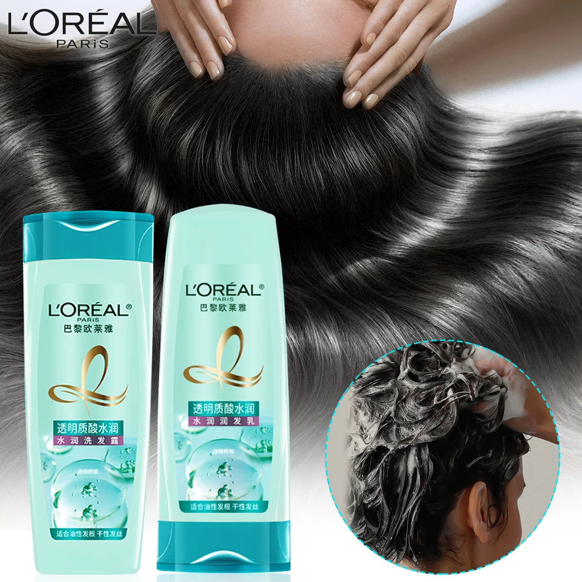 L'Oreal Paris Hydrating HA Set Shampoo And Conditioner Combo for Oily Root Dry Strands Transparent Hyaluronic Acid Moisture