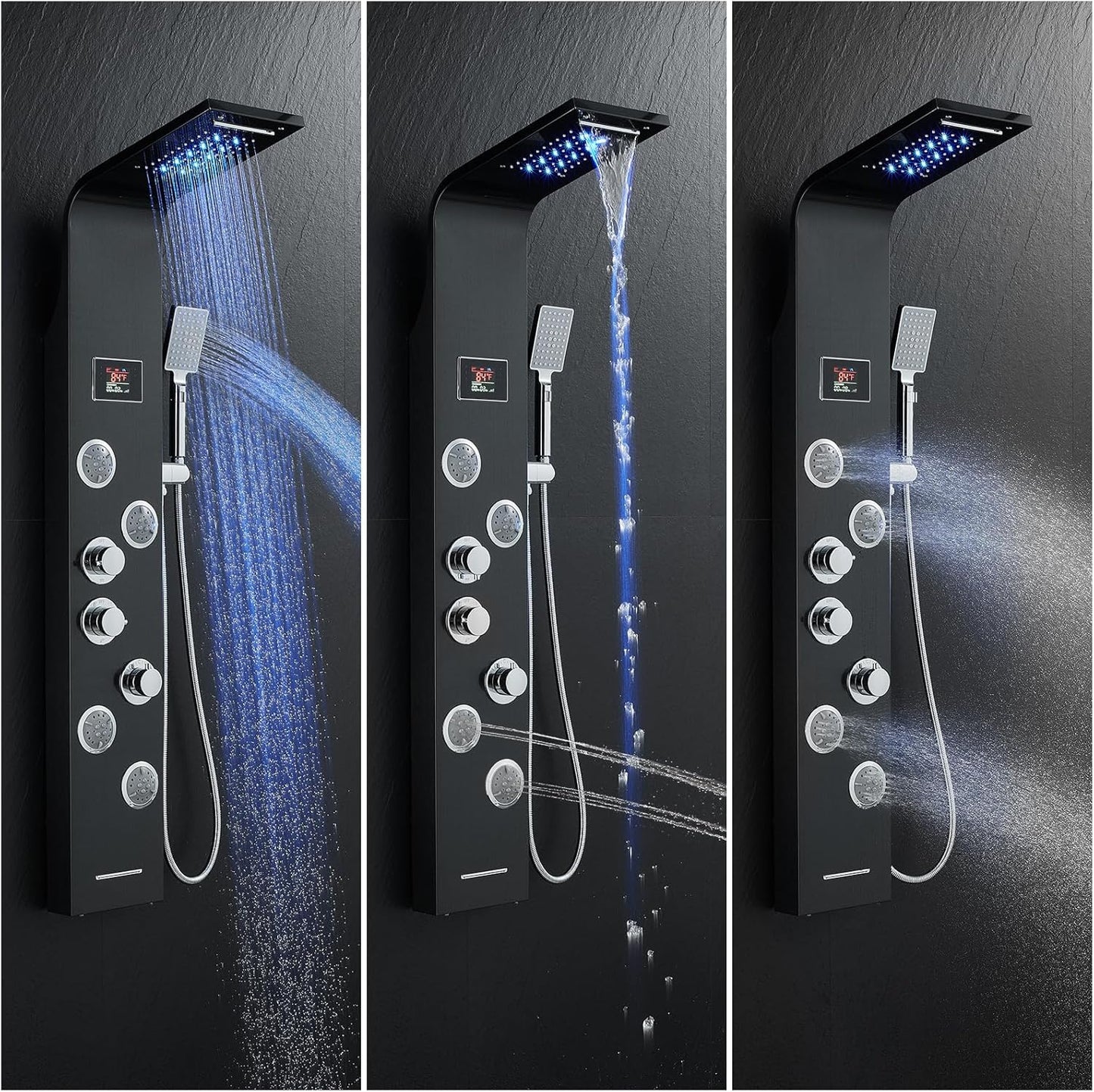 6-In-1 LED Rainfall Waterfall Shower Panel Tower System with 2-Mode Powerful Body Massage Jets, Multi-Function Stainless Steel Shower Column System with Handheld and Tub Spout, Black