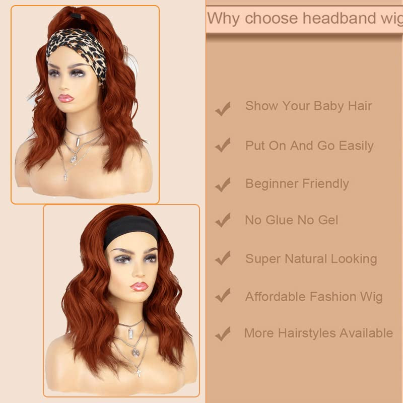 Auburn Headband Wigs for Black Women Short Auburn Wavy Natural Hairline Bob Shoulder Length Synthetic Curly Daily Glueness Wigs(14Inch 350#)