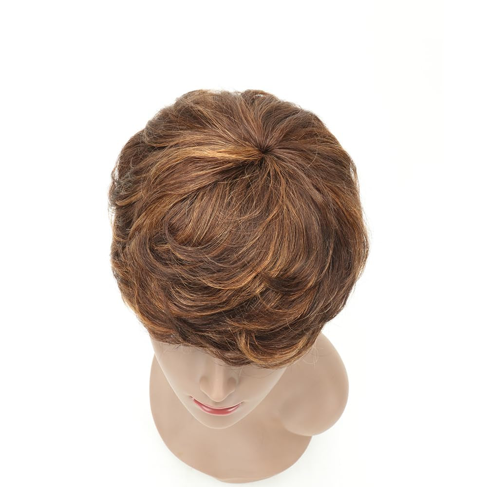 Pixie Cut Human Hair Wigs for Women Short Glueless Wavy Layered Human Hair Wigs with Bangs Full Machine Made Human Hair Wigs (Brown)
