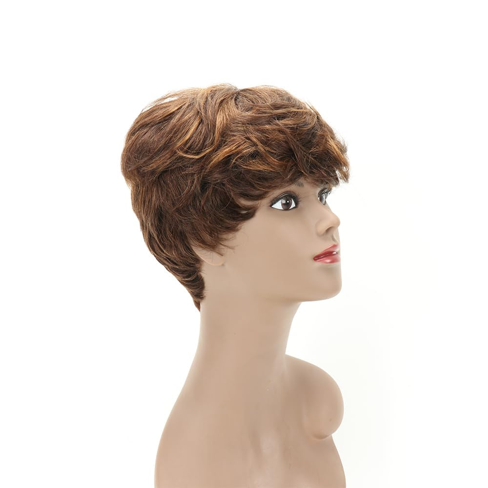 Pixie Cut Human Hair Wigs for Women Short Glueless Wavy Layered Human Hair Wigs with Bangs Full Machine Made Human Hair Wigs (Brown)