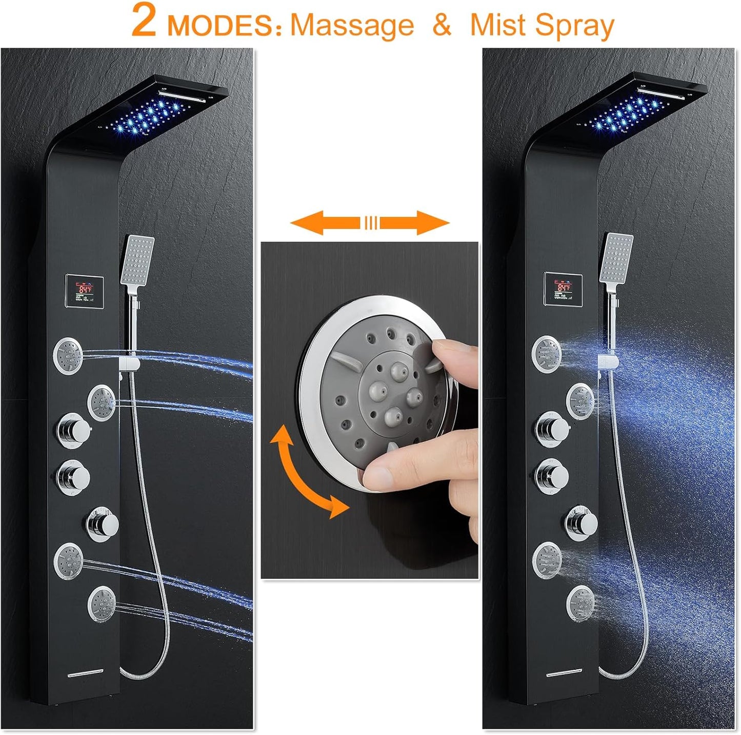 6-In-1 LED Rainfall Waterfall Shower Panel Tower System with 2-Mode Powerful Body Massage Jets, Multi-Function Stainless Steel Shower Column System with Handheld and Tub Spout, Black