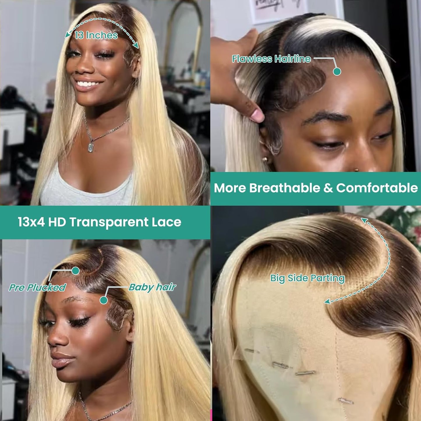 Ombre Blonde 13X4 Lace Front Wig Human Hair for Black Women Full Ends 180% Density Straight 1B613 HD Lace Frontal Wigs Pre Plucked with Baby Hair 22Inch