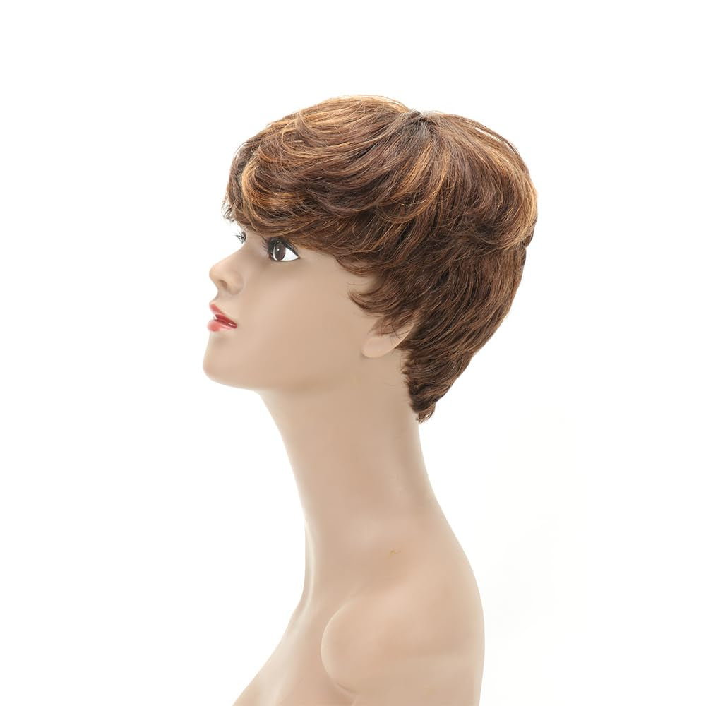 Pixie Cut Human Hair Wigs for Women Short Glueless Wavy Layered Human Hair Wigs with Bangs Full Machine Made Human Hair Wigs (Brown)