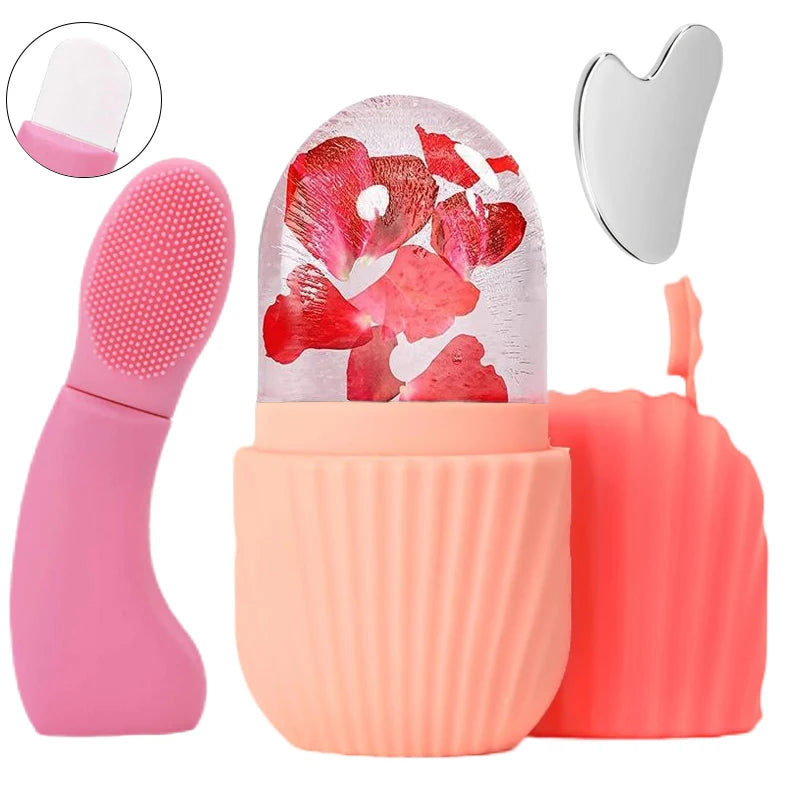 Facial Massage Therapy Set - Silicone Cleaning Brush, Stainless Steel Heart-shaped Cupping Tool, Mini Ice Facial Roller
