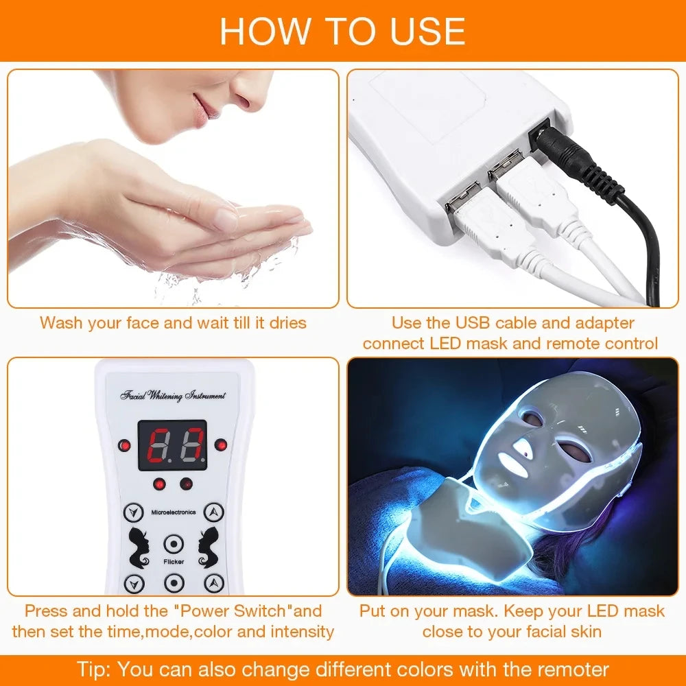 7 Color LED Light Therapy Facial Mask with Neck Care Skin Rejuvenation Anti-Aging Beauty Device for Home Facial Treatment