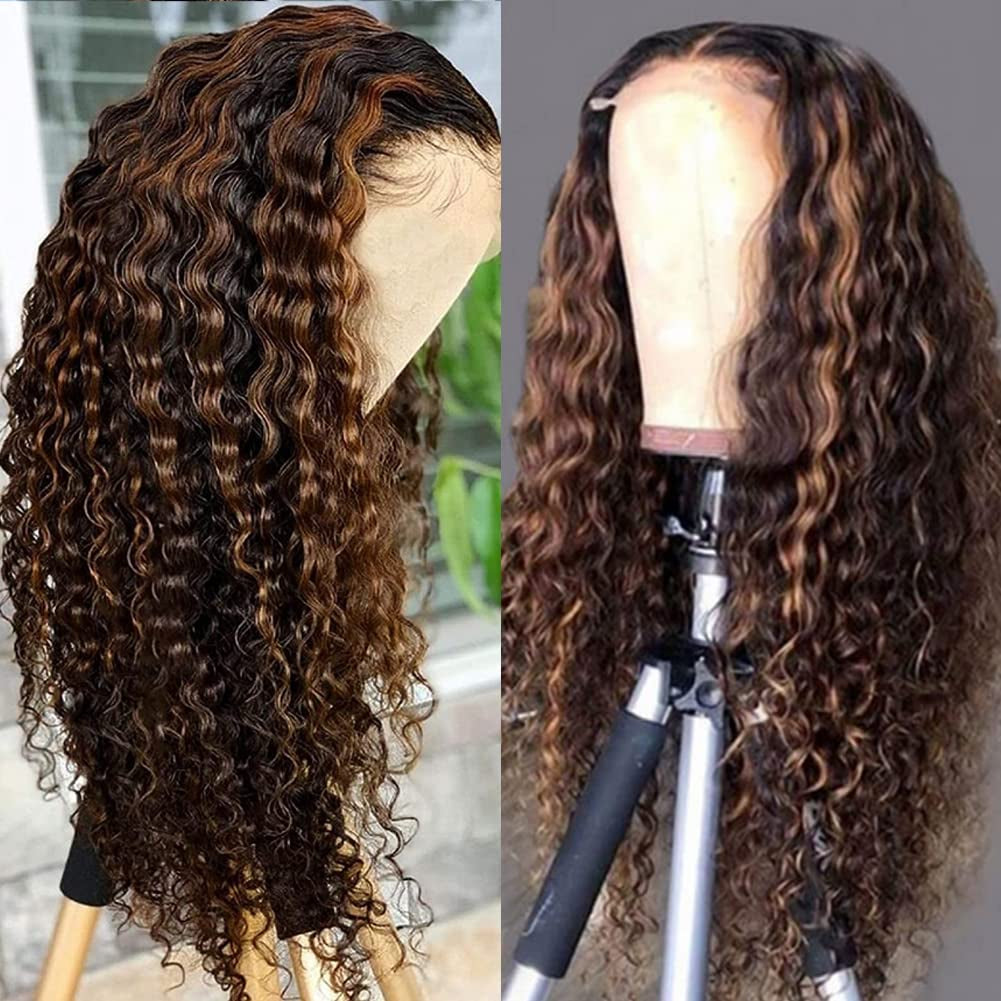Highlight Ombre Lace Front Wig Human Hair 1B/30 Black Brown 13X4 HD Lace Frontal Wigs Pre Plucked with Baby Hair Deep Wave Ombre Honey Blonde Human Hair Wigs for Black Women 180% Density 32 Inch