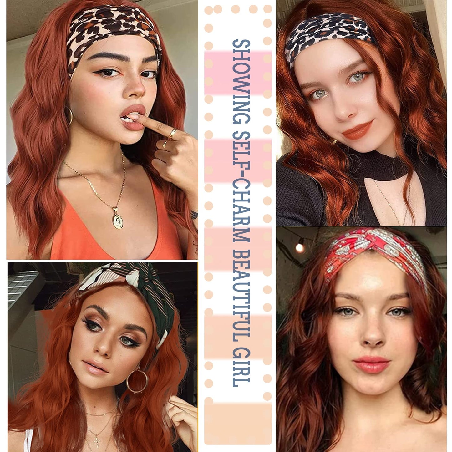 Auburn Headband Wigs for Black Women Short Auburn Wavy Natural Hairline Bob Shoulder Length Synthetic Curly Daily Glueness Wigs(14Inch 350#)