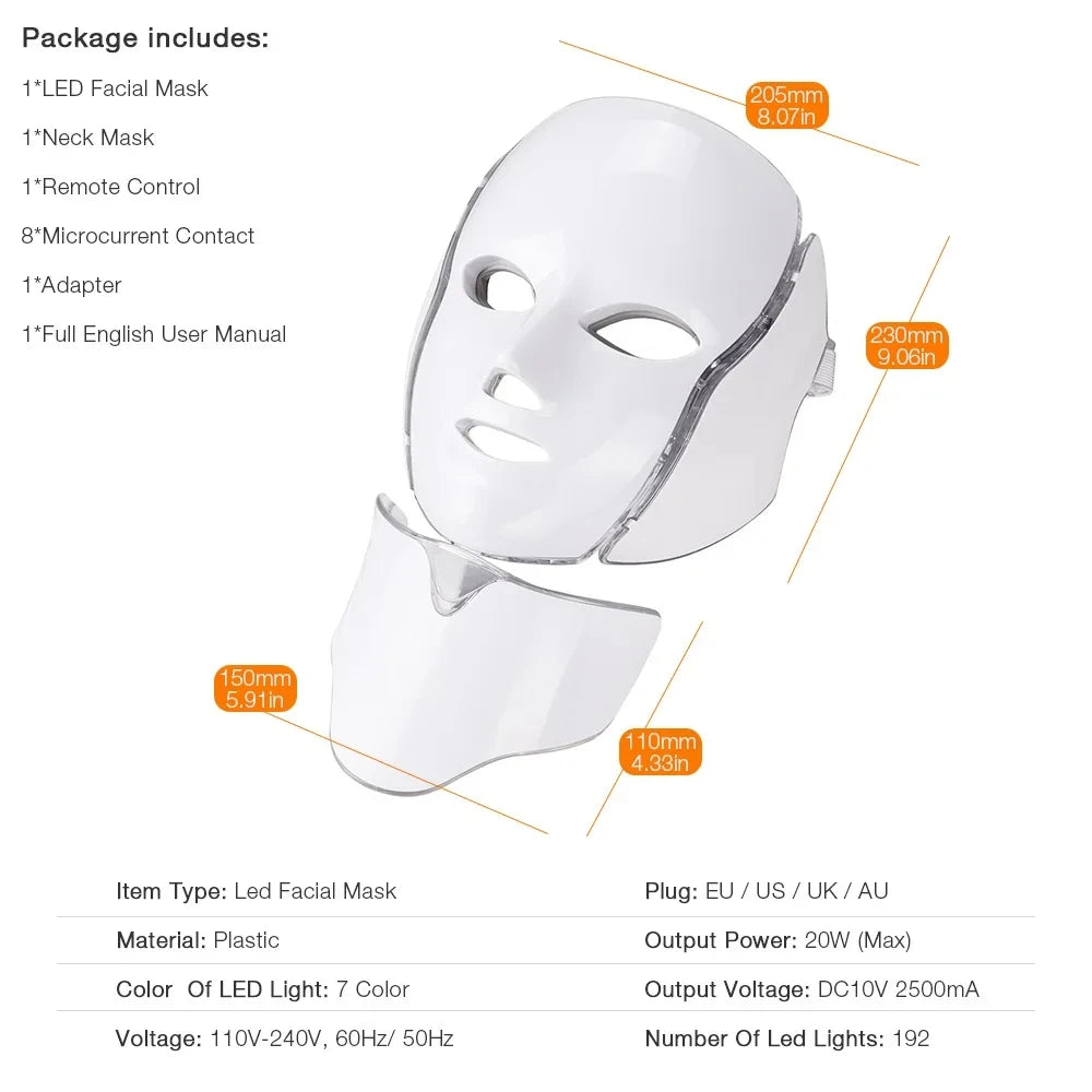 7 Color LED Light Therapy Facial Mask with Neck Care Skin Rejuvenation Anti-Aging Beauty Device for Home Facial Treatment