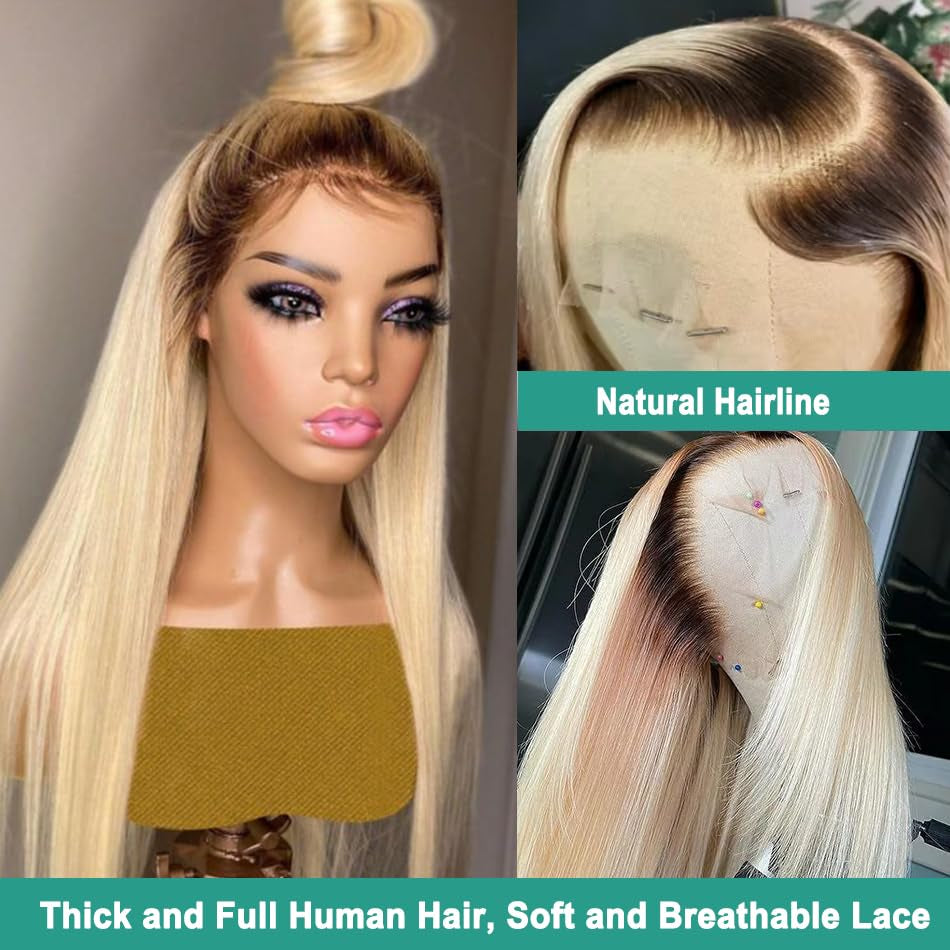 Ombre Blonde 13X4 Lace Front Wig Human Hair for Black Women Full Ends 180% Density Straight 1B613 HD Lace Frontal Wigs Pre Plucked with Baby Hair 22Inch