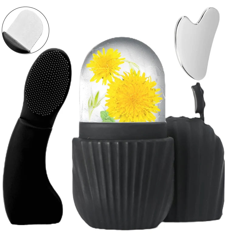 Facial Massage Therapy Set - Silicone Cleaning Brush, Stainless Steel Heart-shaped Cupping Tool, Mini Ice Facial Roller