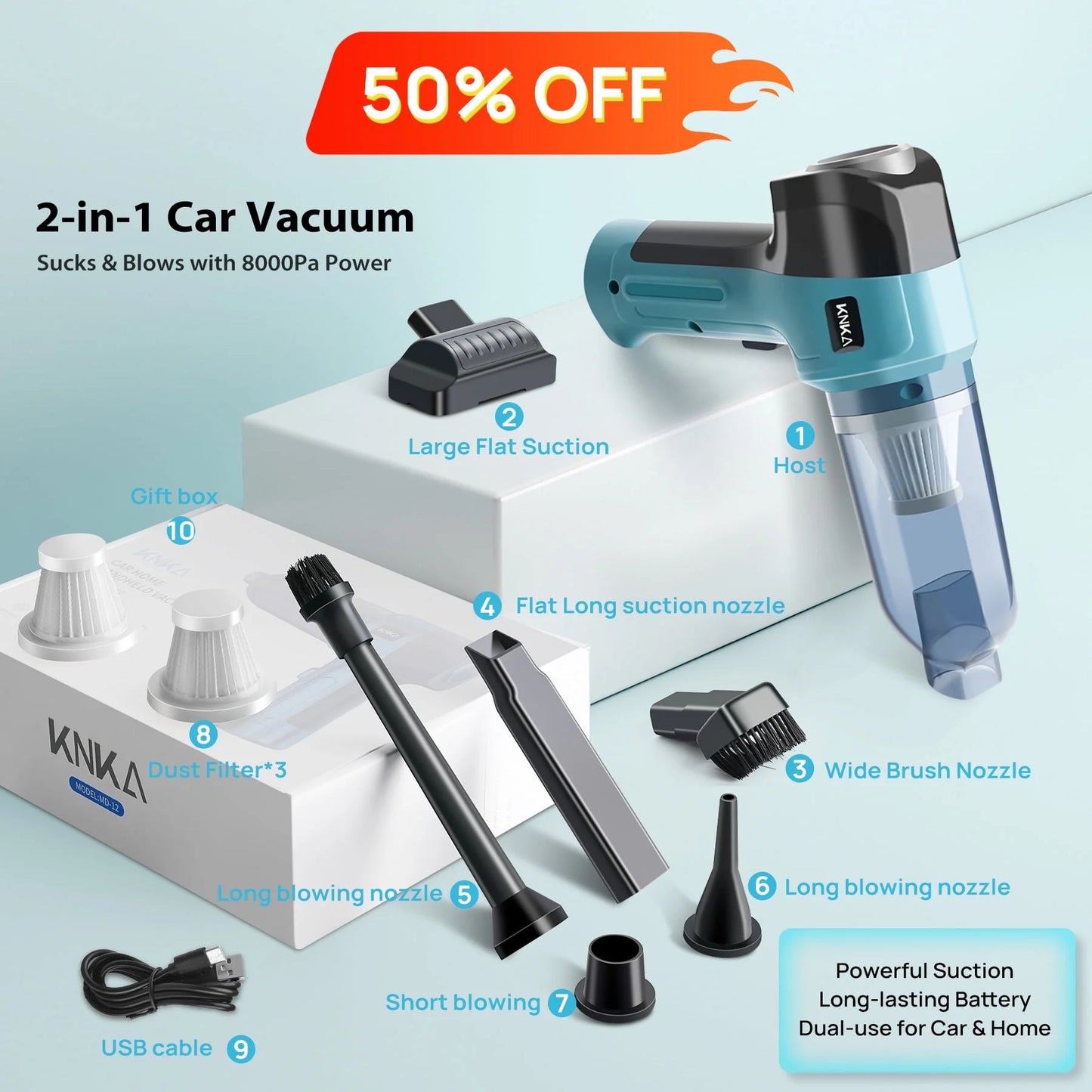 Car Vacuum Cleaner, Mini Car Vacuum Cleaner for Car, Home and Office, 9000Pa Powerful Suction with 3 Filters, Blue