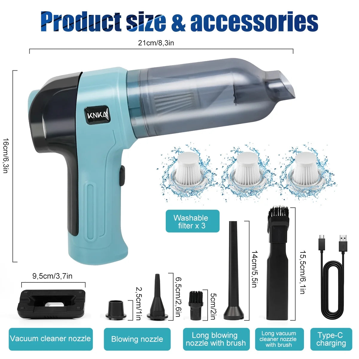 Car Vacuum Cleaner, Mini Car Vacuum Cleaner for Car, Home and Office, 9000Pa Powerful Suction with 3 Filters, Blue