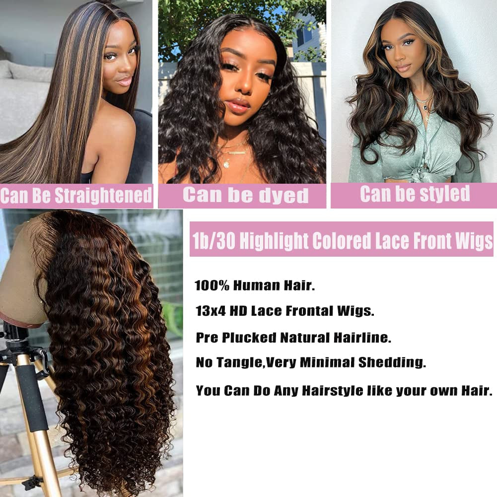 Highlight Ombre Lace Front Wig Human Hair 1B/30 Black Brown 13X4 HD Lace Frontal Wigs Pre Plucked with Baby Hair Deep Wave Ombre Honey Blonde Human Hair Wigs for Black Women 180% Density 32 Inch