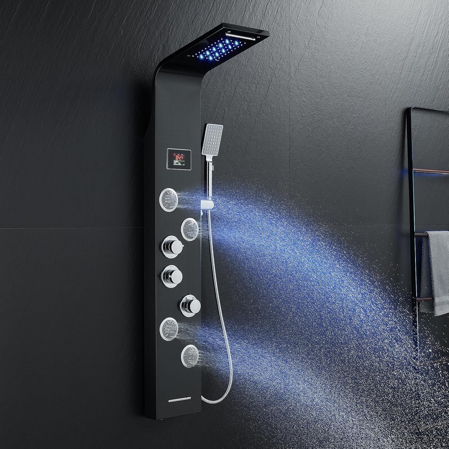 6-In-1 LED Rainfall Waterfall Shower Panel Tower System with 2-Mode Powerful Body Massage Jets, Multi-Function Stainless Steel Shower Column System with Handheld and Tub Spout, Black
