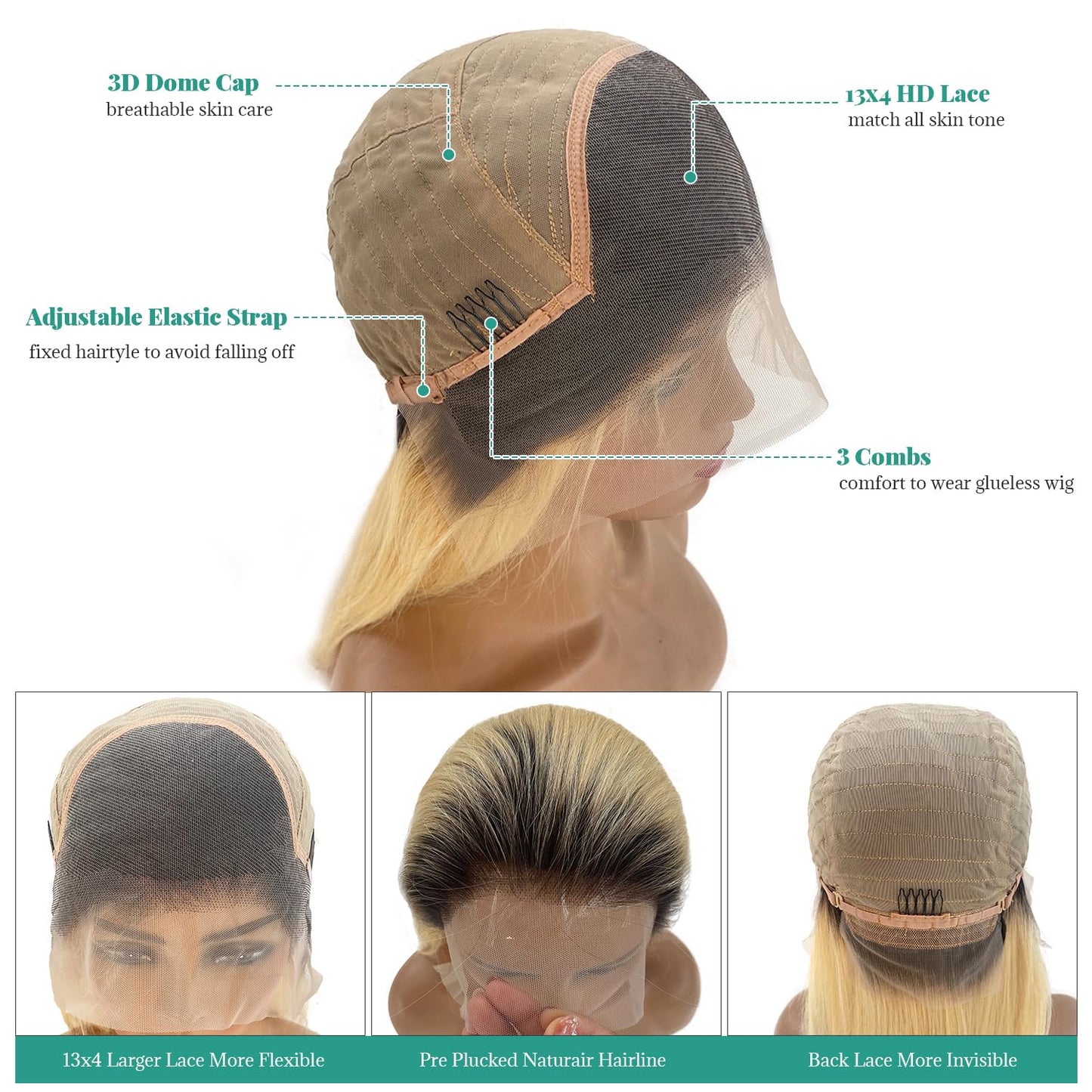 Ombre Blonde 13X4 Lace Front Wig Human Hair for Black Women Full Ends 180% Density Straight 1B613 HD Lace Frontal Wigs Pre Plucked with Baby Hair 22Inch