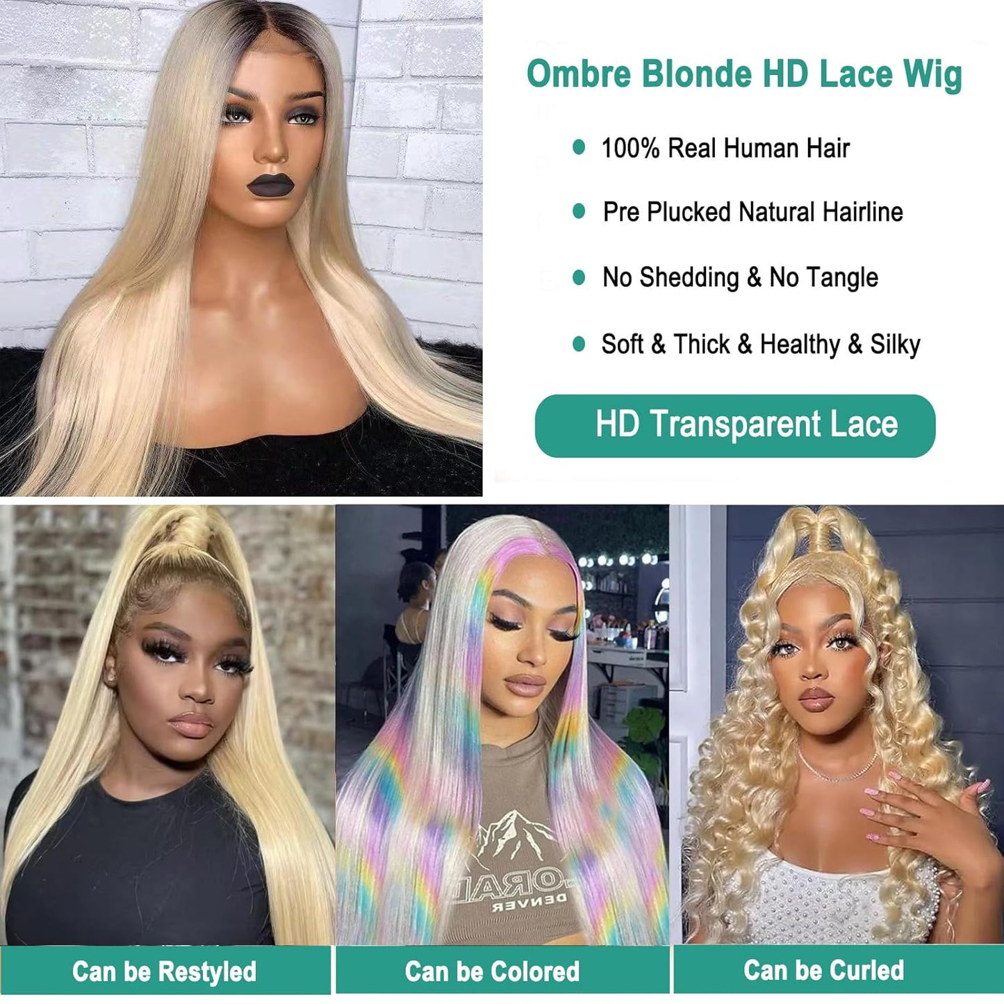Ombre Blonde 13X4 Lace Front Wig Human Hair for Black Women Full Ends 180% Density Straight 1B613 HD Lace Frontal Wigs Pre Plucked with Baby Hair 22Inch
