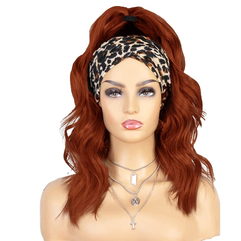 Auburn Headband Wigs for Black Women Short Auburn Wavy Natural Hairline Bob Shoulder Length Synthetic Curly Daily Glueness Wigs(14Inch 350#)