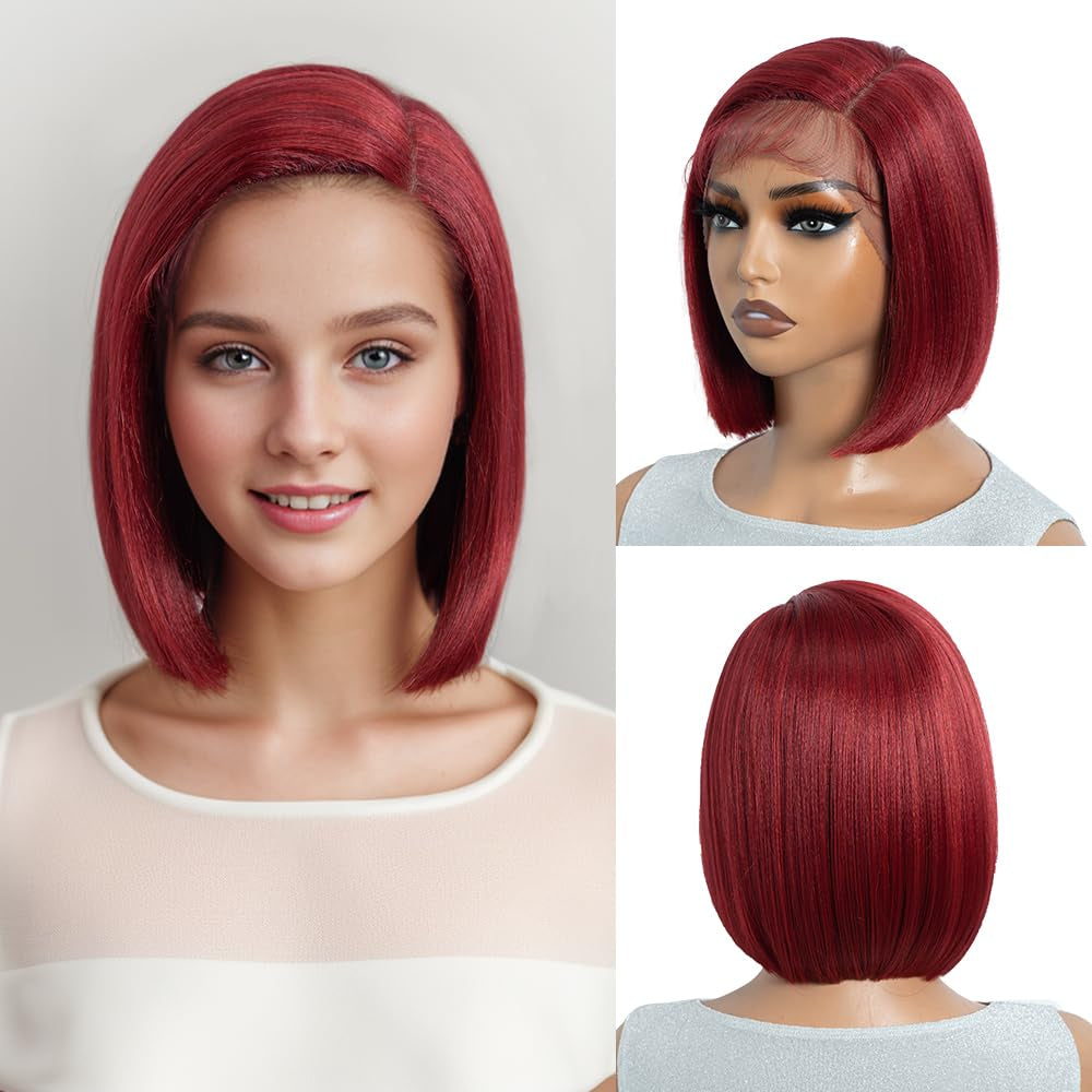 Short Straight Bob Wig 10 Inch Red Bob Lace Front Synthetic Wigs for Women Natural Straight Heat Resistant HD Lace Wigs for Party and Daily Use
