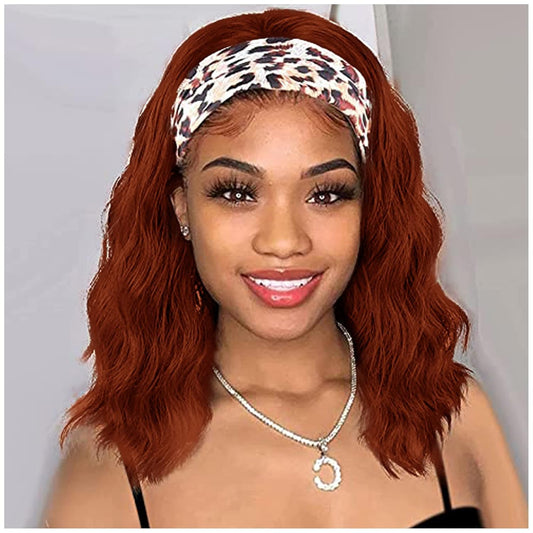 Auburn Headband Wigs for Black Women Short Auburn Wavy Natural Hairline Bob Shoulder Length Synthetic Curly Daily Glueness Wigs（14Inch 350#）