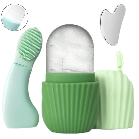 Facial Massage Therapy Set - Silicone Cleaning Brush, Stainless Steel Heart-shaped Cupping Tool, Mini Ice Facial Roller