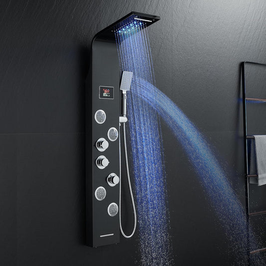 6-In-1 LED Rainfall Waterfall Shower Panel Tower System with 2-Mode Powerful Body Massage Jets, Multi-Function Stainless Steel Shower Column System with Handheld and Tub Spout, Black