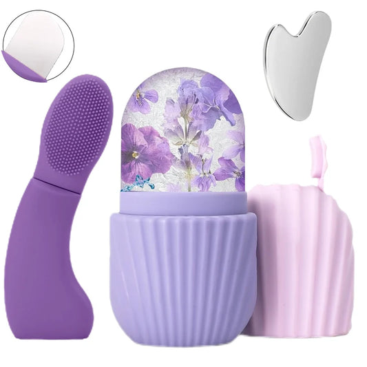 Facial Massage Therapy Set - Silicone Cleaning Brush, Stainless Steel Heart-shaped Cupping Tool, Mini Ice Facial Roller