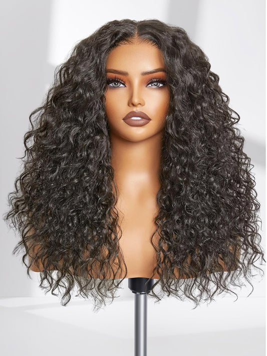 Glueless Curly Lace Front Wig Pre Plucked Middle Part Closure Wig 20 Inch Natural Black Pre Cut Synthetic Curl Wig Upgraded with Premium Human-Hair-Like Fiber