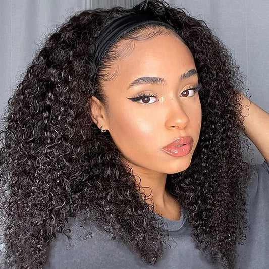 Headband Wig Human Hair 22 Inch 180% Density Kinkycurly Headband Wigs Glueless Curly Human Hair Wig for Women Natural Color