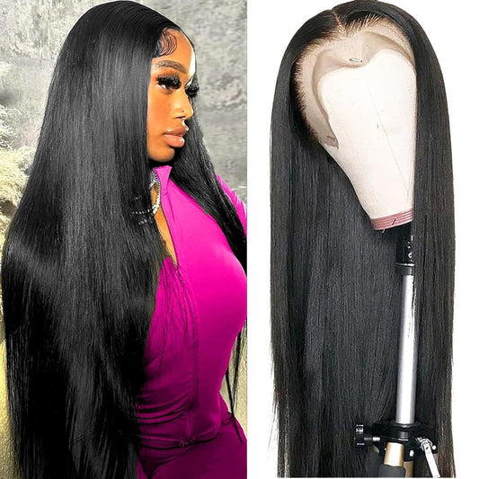 32 Inch Straight Lace Front Wigs Human Hair Pre Plucked HD Transparent 13X4 Lace Frontal Wigs Human Hair Wigs 180 Density Straight Human Hair Wigs for Women with Baby Hair Natural Black